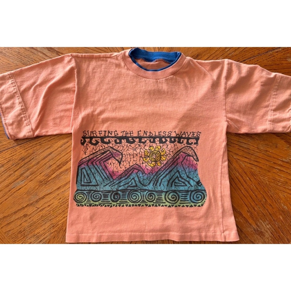 Vintage Surfing The Endless Waves Graphic T-Shirt Peach Blue Trim